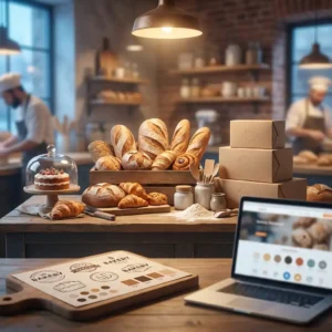 Bakery Name Generator bakery shop setup with fresh bread and business branding