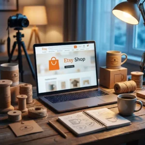 Etsy Shop Name Generator seller workspace with handmade business branding setup