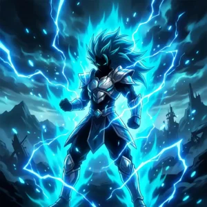 Saiyan Name Generator anime warrior artwork with glowing blue power aura
