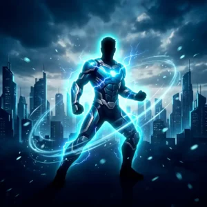 Superhero Name Generator cinematic hero artwork with glowing blue power design