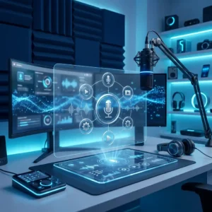 YouTube Channel Name Generator digital creator artwork with futuristic studio setup