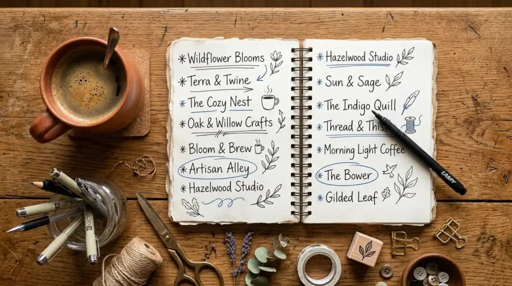 Brainstorming Etsy shop name ideas on paper
