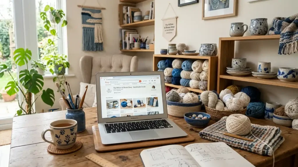 Etsy shop name ideas shown in a handmade craft workspace