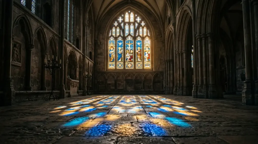 Nun names by meaning represented through cathedral stained glass light